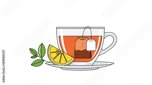 Refreshing cup of hot black tea is served with a tea bag, lemon slice, and green leaves on a clean white background.