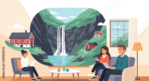 People relax indoors while enjoying a scenic mountain waterfall view