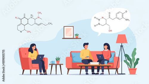 People in a living room working on laptops with chemical formulas in thought bubbles