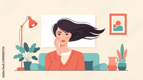 Woman with flowing hair, resting chin on hand, in a cozy room