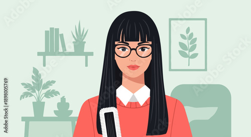 Woman with glasses and long black hair, wearing a coral sweater, indoors