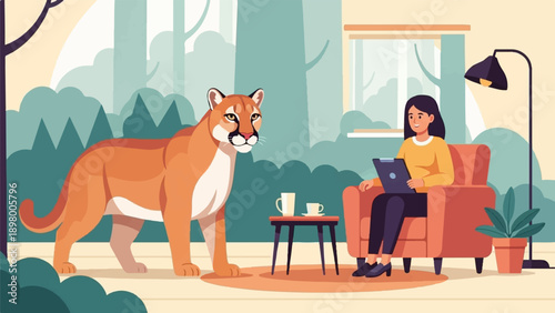 Woman with laptop in chair, cougar in forest background