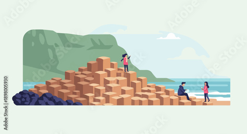 People explore natural hexagonal rock formations by the sea