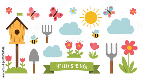Spring themed clip art set includes a birdhouse, flowers, butterflies, bees, clouds, and gardening tools for designs.