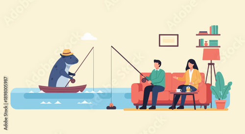 People fishing indoors and outdoors with a humorous animal in a boat
