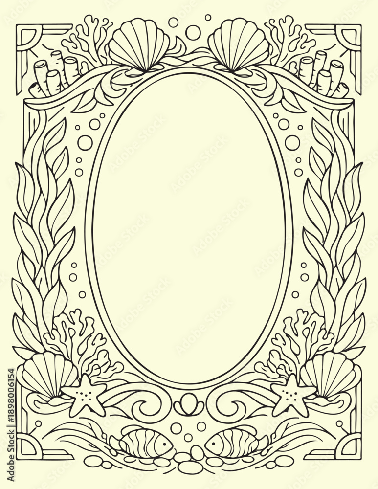 Obraz premium Detailed ocean life oval frame line art for coloring and craft projects