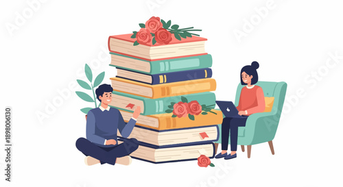 People surrounded by books, learning, and digital devices