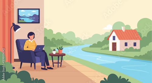 Woman working on laptop by a river, overlooking a small house