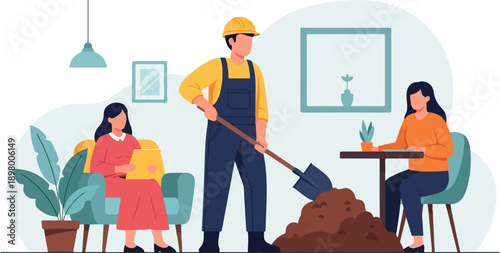 People interacting while a worker with a hard hat and shovel moves dirt