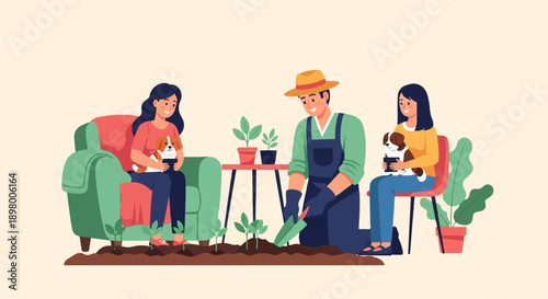 People gardening and caring for pets indoors