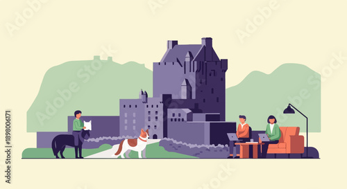 People and dog near castle, one person on horseback, two working