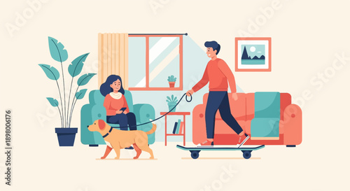 People and dog interacting indoors, one on skateboard