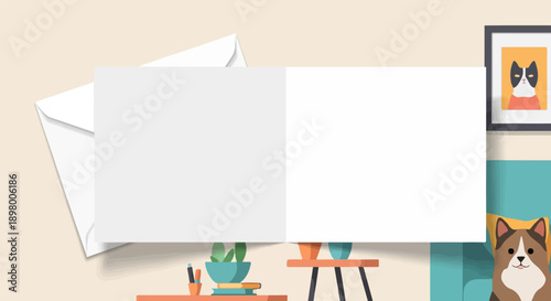 Open card with envelope, potted plants, and two cats on wall and couch