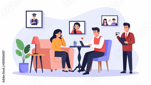 People interacting in a room with pictures on the wall