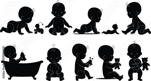 Baby Silhouette Icon Set with Crawling, Sitting, Playing, Bathing, and Toddler Activity Poses for Parenting, Childcare, and Family Design