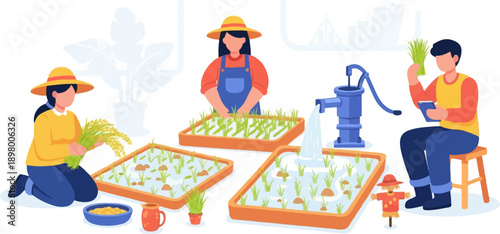 People tending rice paddies, water pump, and harvest, digital illustration