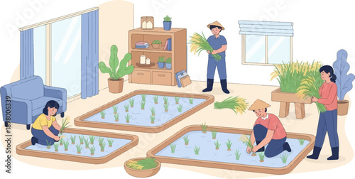 People tending to indoor rice paddies with harvested grain and furniture