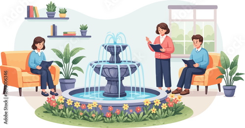 People gather around a fountain indoors, reading and interacting