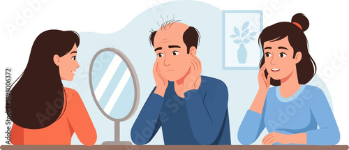 People with varied emotions observing hair loss and appearance in a mirror