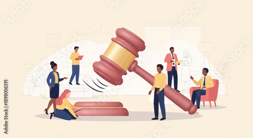 People gather around a giant gavel and sound blocks in a modern office