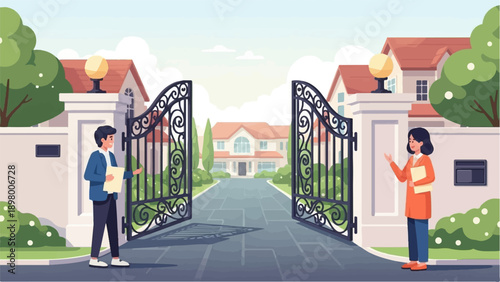 Open gate reveals luxurious mansion with two individuals standing guard