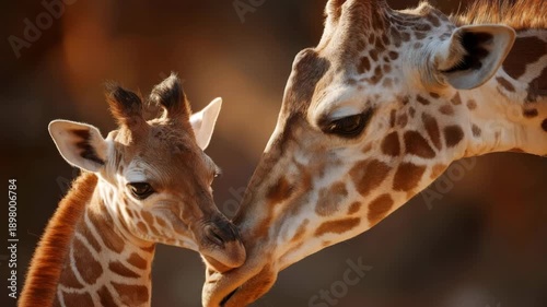 Mother giraffe showing affection to adorable baby giraffe