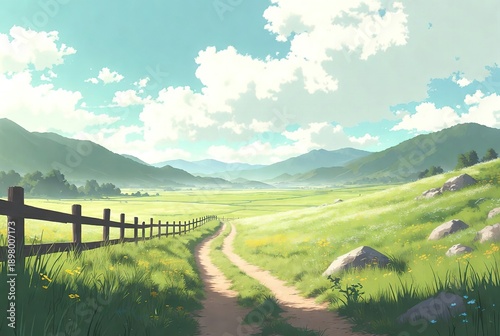 Anime landscape: Winding path, green hills, rustic fence, distant mountains