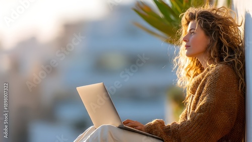 Digital Nomad Working on Balcony in Spring Weather with Copy Space