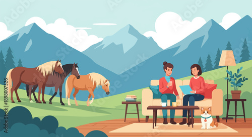 People relax indoors with animals and mountains visible outside