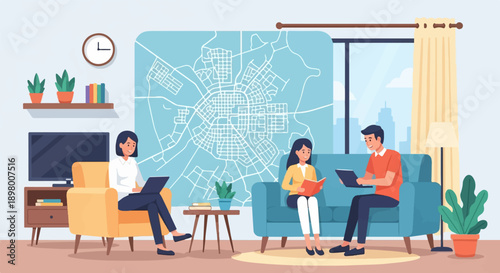 People in a living room with a large city map on the wall