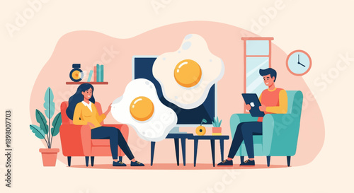 People relax indoors with large fried eggs and screens