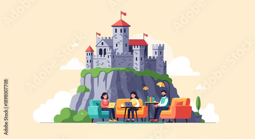 People work and relax near a castle on a cliff, bathed in soft light