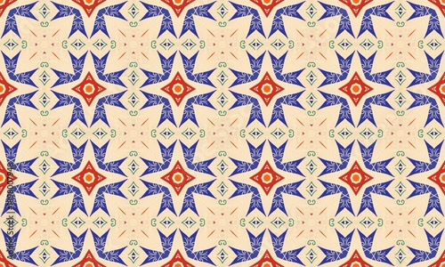 Vibrant abstract geometric pattern with blue, red, and cream colors, intricate design and symmetrical shapes, creating a mesmerizing visual effect and aesthetic appeal.