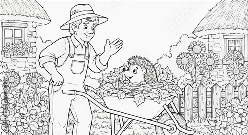 Coloring book for children - A man found a hedgehog hiding in a wheelbarrow with leaves