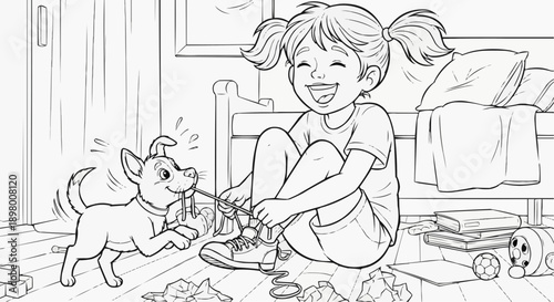 Coloring page for kids featuring a girl playing with her puppy in a messy room