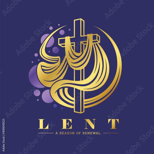 Lent a senson of renewal - Gold christian cross with fabric hanging and fluttering to circle shape on purple background vector design