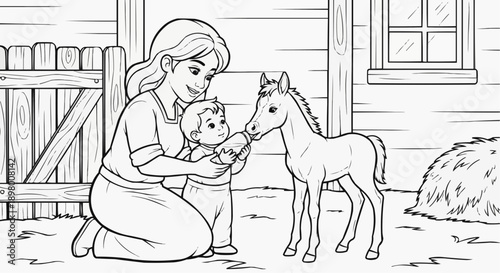 Coloring page for kids featuring a woman and a baby feeding a newborn foal