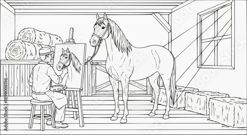 Coloring page for kids featuring an artist painting a horse in a barn