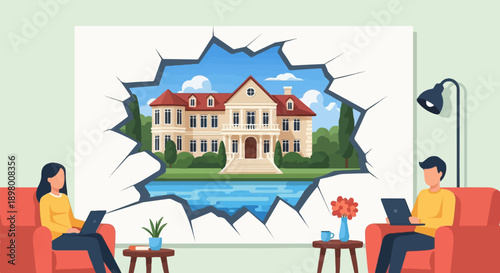 People work from home viewing a mansion through a cracked wall