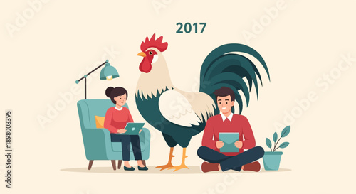People relax near a rooster and a plant, with the year 2017