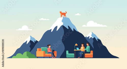 People work near mountains with dog on summit