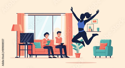 People relaxing and exercising in a bright, modern living room