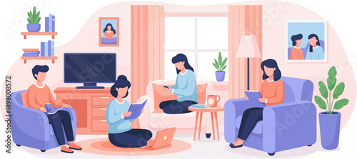 People relaxing and reading indoors with plants and decor