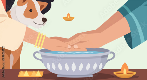 People and dog perform ritual with lit lamps over water