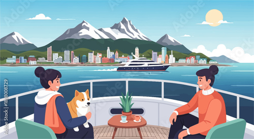 People and dog on yacht deck, enjoying view of distant cityscape and mountains