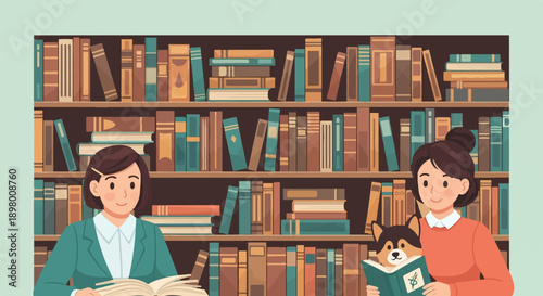 People and dog reading books on shelves