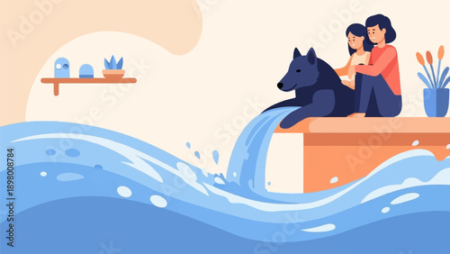 People and dog relax by water on a warm day, near houseplants