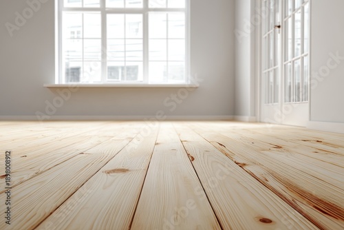 Bright, airy room with warm wooden floor, large window, and glass doors