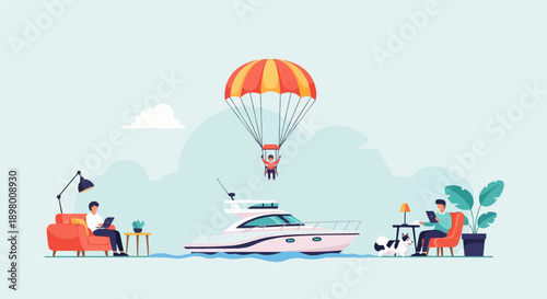 People relaxing at home and enjoying outdoor activities like paragliding