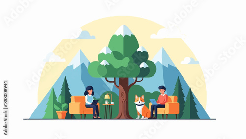 People work remotely near a tree with mountains in the background